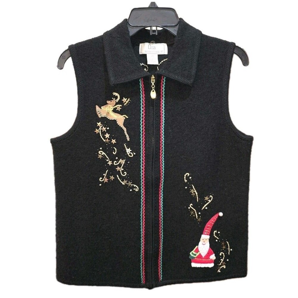 LISA INTERNATIONAL Sz M 100% Boiled Wool Full Zip Santa Reindeer Christmas Vest